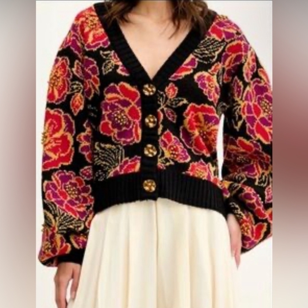 Farm Rio Floral Button-Up Sweater - Black and Red